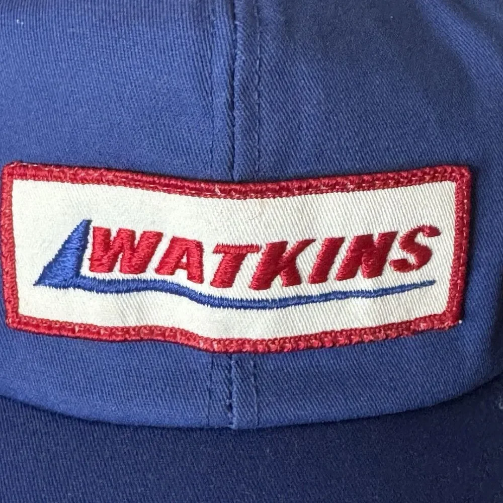 Vintage 80s Watkins Hat Cap Snapback Blue Adjustable Patch Logo Mesh Trucker